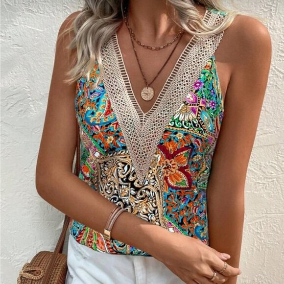 SHEIN Breezaya Multicolor Paisley Lace Trim Tank - Size Medium - Picture 5 of 6